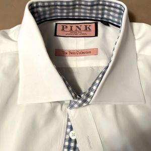 White Thomas Pink Slim Fit Dress Shirt with Blue Checkered Detail